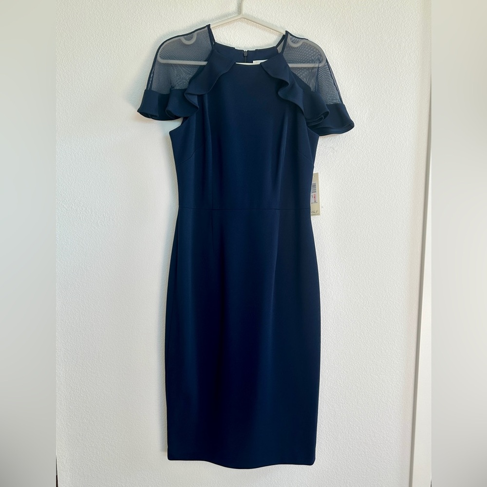 Eliza J Navy Midi Dress with Sheer Ruffled Sleeves